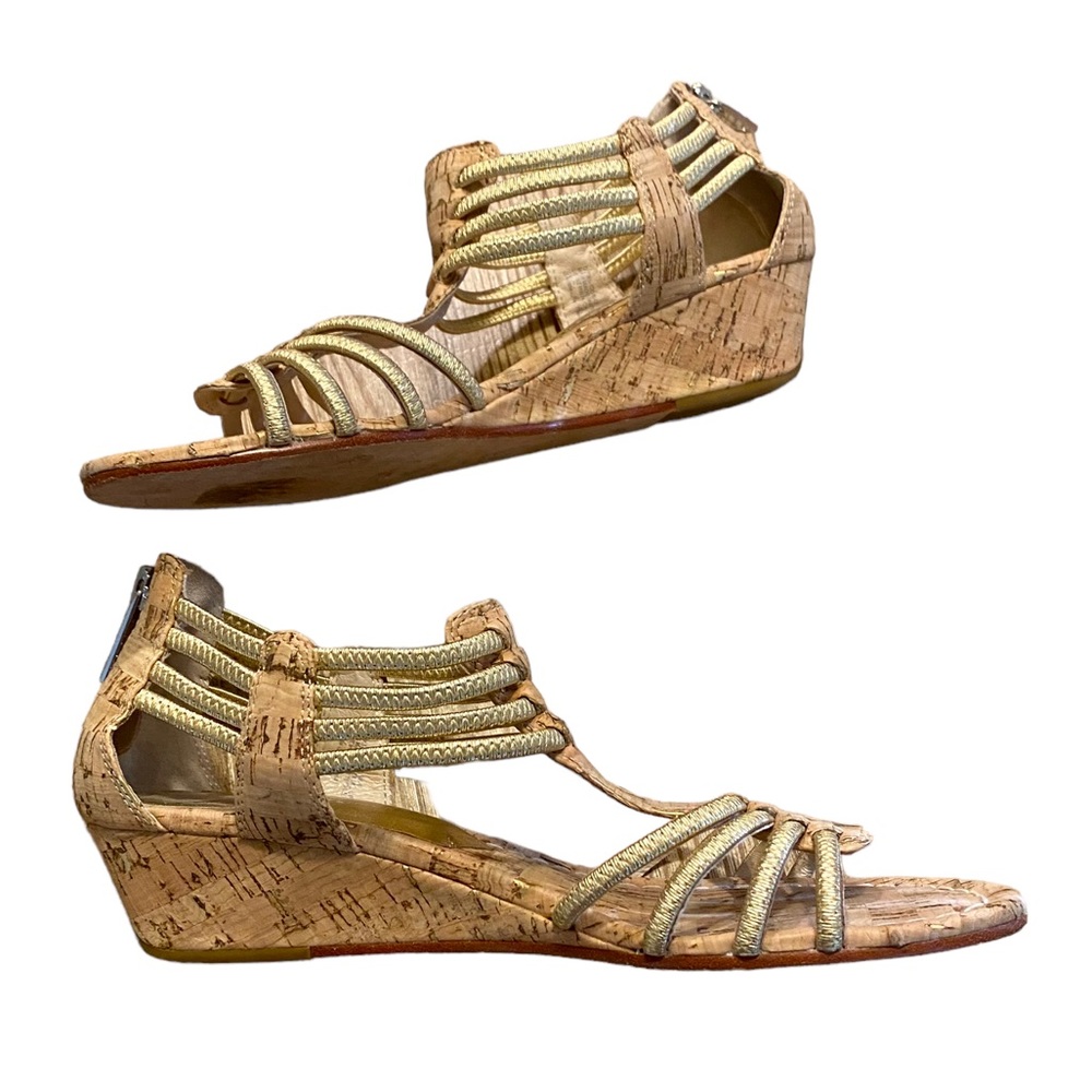 DONALD J. PLINER GOLD CORK GLADIATOR 2” WEDGE HEEL SANDAL SUPER FUN & STYLISH 9M